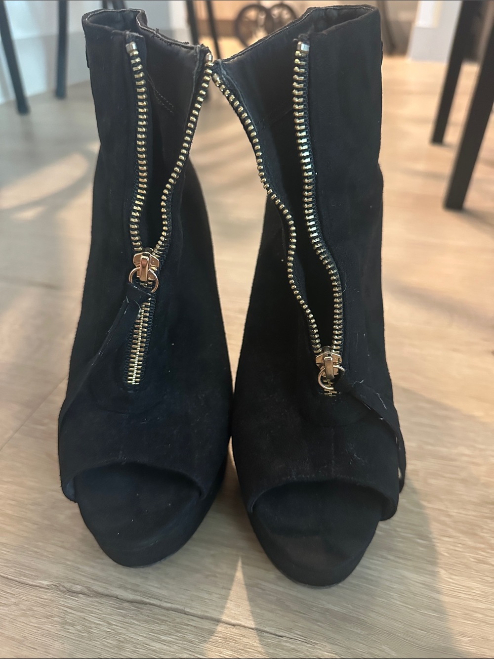 Black Suede Peep-Toe Ankle Boots with Front Zipper size 6.5